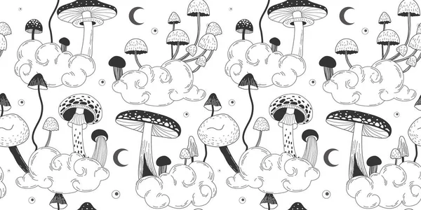 Seamless Pattern Various Mystical Mushrooms Hippie Magic Boho Wall Art — Stock Vector