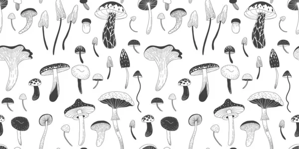 无缝图案与各种神秘蘑菇 嬉皮魔术Boho墙艺术背景 迷幻矢量图解 魔法和Boho纹理 手绘图形集 图库矢量图片