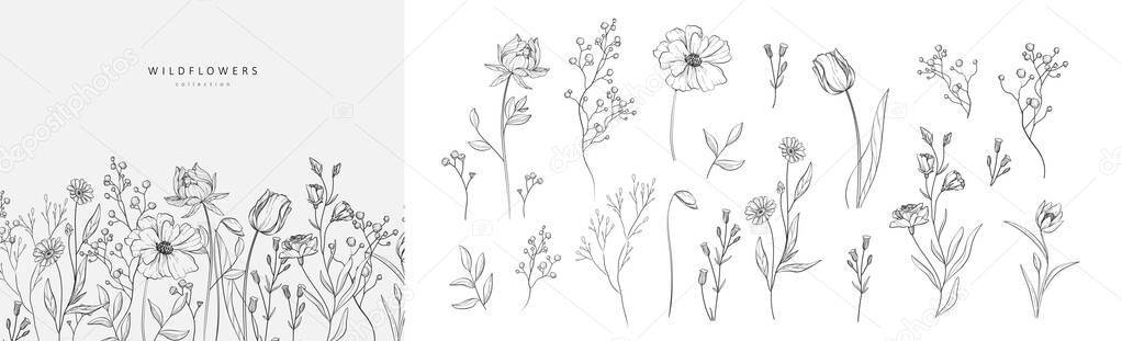 Floral branch and flowers for logo or tattoo. Hand drawn line wedding herb, elegant wildflowers for invitation save the date card. Botanical rustic trendy greenery vector