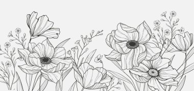 Botanical line bakground with flowers and leaves. Floral foliage for wedding invitation, wall art or card template. Vector illustration. Luxury rustic trendy art