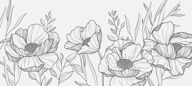 Botanical line bakground with flowers and leaves. Floral foliage for wedding invitation, wall art or card template. Vector illustration. Luxury rustic trendy art