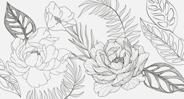 Botanical line bakground with flowers and leaves. Floral foliage for wedding invitation, wall art or card template. Vector illustration. Luxury rustic trendy art