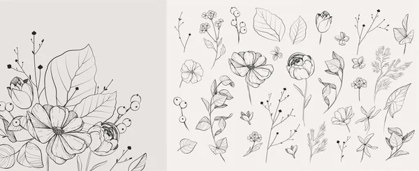 Detaylı Siyah Beyaz Çizimler Çeşitli Çiçek Yapraklar Düğün Davetiyesi Için Stok Vektör