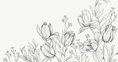 Çiçekli fırın ya da çeşitli lale buketli duvar kağıdı. Düğün davetiyesi ya da duvar resmi için çiçek ve yaprak. Vektör çizimi. Lüks dövmeli sanat