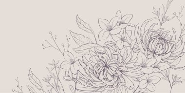 Çiçekli fırın ya da bir buket kasımpatı ve çeşitli çiçeklerle dolu duvar kağıdı. Düğün davetiyesi ya da duvar sanatı için botanik yaprağı. Vektör çizimi. Lüks dövmeli sanat