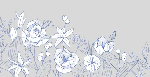 Virágos Pékség Vagy Tapéta Különböző Virágcsokorral Botanikus Lombozat Esküvői Meghívóhoz Vektor Grafikák