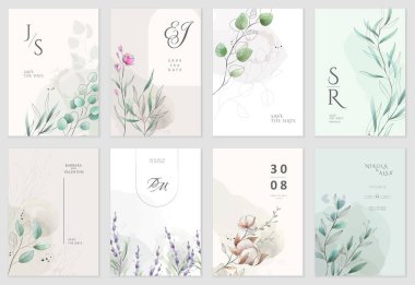 Çiçekli davetiye seti suluboya dallı ve çiçekli randevu kartınızı saklayın. Lüks botanik şablonu tasarım, broşür ya da kapak. Botanik vektör illüstrasyonu, çizgi otları