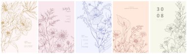 Çiçek davetiyesi seti. Tarih kartını çeşitli çiçeklerle kaydet. Lüks botanik şablonu tasarım, broşür ya da kapak. Botanik vektör illüstrasyonu, çizgi otları