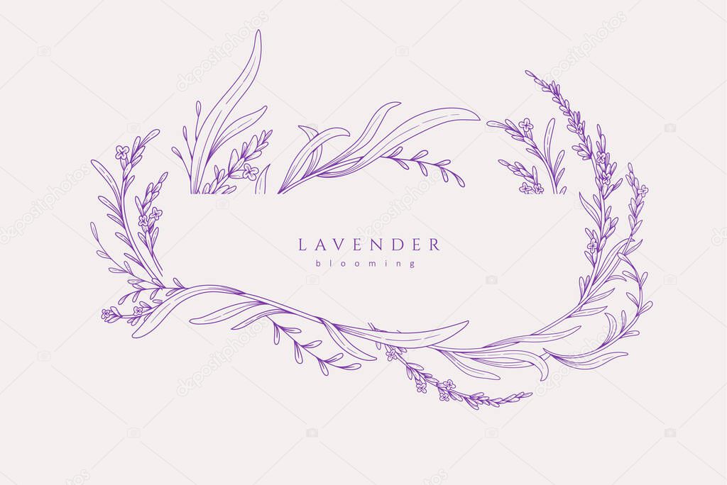 Background with lavender calligraphic design elements and graceful branches. Wedding wildflowers for invitation save the date card. Botanical feminine rustic vector illustration.