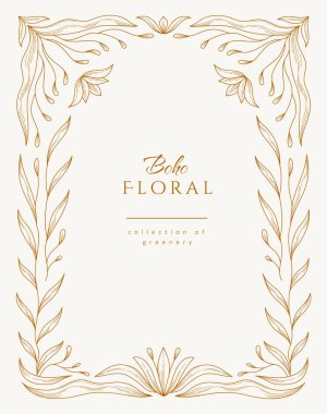 Retro çiçek çerçevesi ya da örtüsü. Dalgalı ve saf tarzda botanik tasarım elementleri. Boho, poster, sosyal medya, ambalaj ya da tebrik kartı için dallar ve çiçek açan baskılar bırakıyor. Vektör illüstrasyonu.