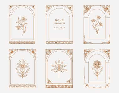 Boho geometrik tasarım elementlerinin çerçevesi veya kapağı. Basit köşe, çelenk ve kitap kapakları için kusursuz sınırlar baskı, sosyal medya ve ambalaj veya düğün kartı. Vektör illüstrasyonu.