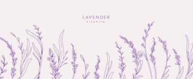 Lavanta kaligrafik tasarım elementleri ve zarif dallarla donatılmış bir arka plan. Düğün çiçekleri davetiye için tarih kartını sakla. Botanik kadın kırsal vektör çizimi.