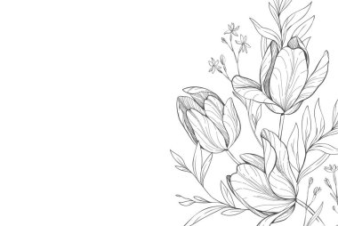 Çiçekli fırın ya da çeşitli lale buketli duvar kağıdı. Düğün davetiyesi ya da duvar resmi için çiçek ve yaprak. Vektör çizimi. Lüks dövmeli sanat