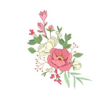 Botanik seti renkli çiçekler ve brunch. Düğün davetiyesi, duvar kâğıdı sanatı ya da tarih kartı için lüks bir çiçek koleksiyonu. Botanik vektör illüstrasyonu