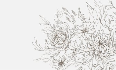 Çiçekli fırın ya da bir buket kasımpatı ve çeşitli çiçeklerle dolu duvar kağıdı. Düğün davetiyesi ya da duvar sanatı için botanik yaprağı. Vektör çizimi. Lüks dövmeli sanat