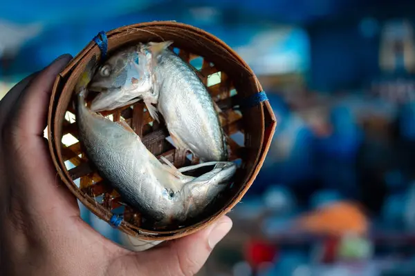 Piyasada Bambu Sepeti Satışında Küçük Buğulanmış Ton Balığı Veya Uskumru — Stok fotoğraf