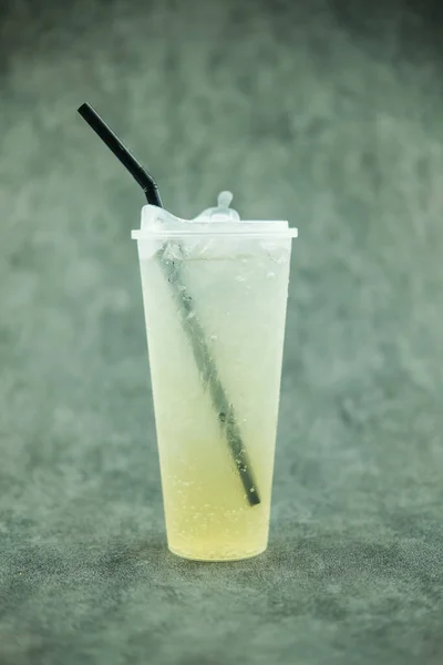 Ice Lemon Soda Plastic Glass Drink Straw Close — Stock Photo, Image