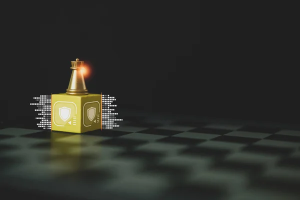 Zlatá Šachová Figurka Stojí Sama Dřevěném Špalku Ikonami Štítů Tmavém — Stock fotografie