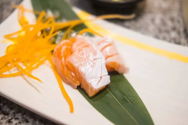 Salmon Sashimi Cuisine More Enjoyable Eating Wasabi Soy Sauce Pickled — Fotografie, imagine de stoc