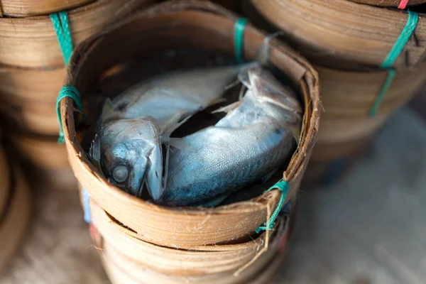 Düz Yuvarlak Bambu Sepetinde Haşlanmış Uskumru Balığı Pla Kısa Uskumru — Stok fotoğraf