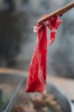 Shabu Shabu 'nun dalış ve düşüşü için sıcak çorba yerine çubuk çiğ et seçiyorum. Popüler yiyecekler parça parça pişirilir, sosla ya da çiğ yumurtayla yenir.