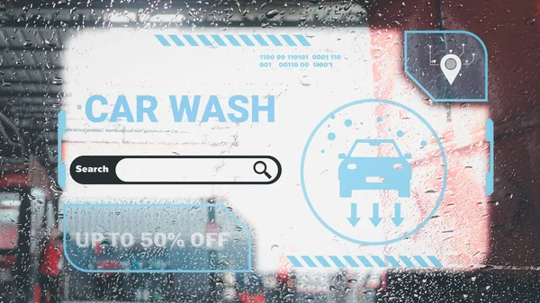 Search car wash service. The screen searches car wash with water droplets on the glass and of a cars washes as the background.