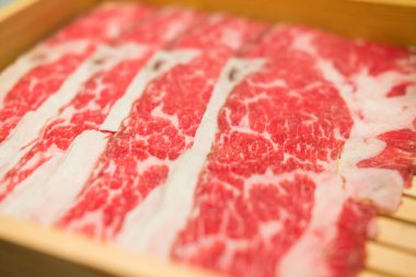 Fresh meat and beautiful texture pattern on wood tray. Selective focus