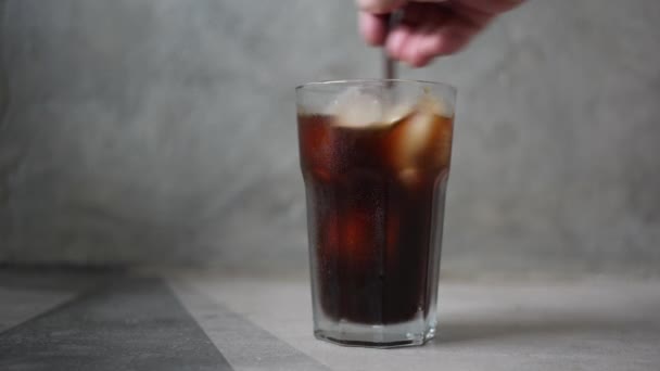 Hand Stirring Coffee Straw Fresh Black Coffee Health Care Drinking — Stock video