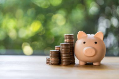 Front view of a pink piggy bank and coin stack on a nature background with space for text. Finance, saving money, crisis. Business or retirement savings