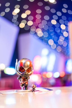 Samut Prakan, Thailand - Mar 4, 2023: Cute toy model Ant-Man. Movie Ant-Man 3 and the Wasp : Quantumania displays at the theater from Major Cineplex. It is the most popular cinema in Thailand.