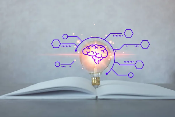 Light bulb on book with brain icon and empty diagram. Concept of education, reading a book, searching for new ideas, innovation and inspiration. Creativity knowledge and self learn for a better future