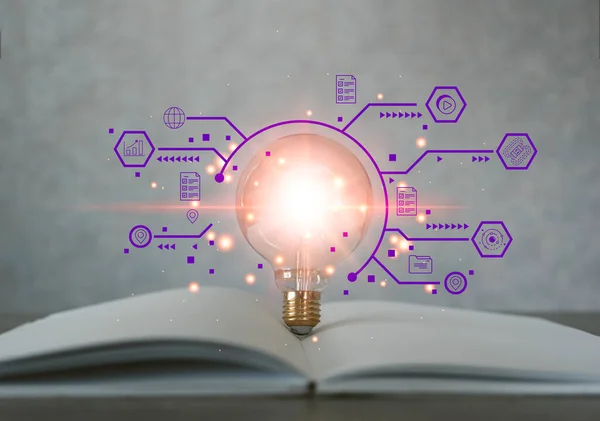 Light bulb and opened the white book with icons of learning. The idea of self learn for a better future, knowledge, and searching for new ideas. Creativity knowledge. Banner for education. Education concept.