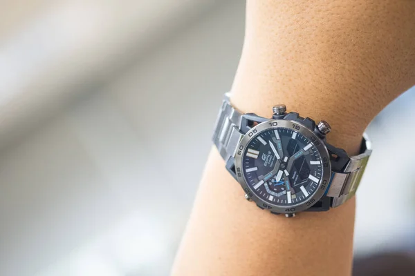 Stock image Bangkok, Thailand - April 4, 2023 : Luxury Watch Casio edifice watch brand a model of a ECB-2000DC-1A on man hand, Close up