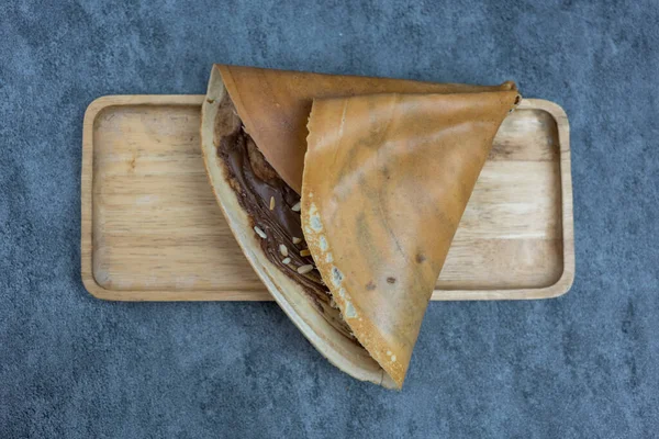 Crepe Croccante Con Salsa Cacao Mandorle Arrosto Affettate Vista Dall — Foto Stock