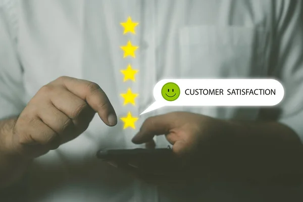 Users give ratings with five star rating icon and the happy face icon gives excellent feedback for perfect service on a smartphone. Satisfaction very impressed best rating through the application