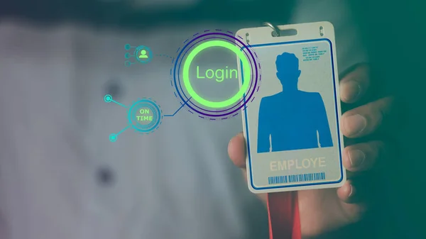 Close up of office man using ID staff card to scan for login to connect the data for work daily. Cyber security with data security password login online concept