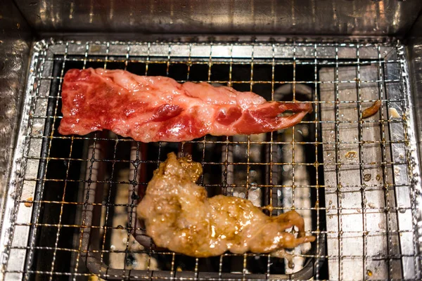 Japońskie Grillowane Mięso Nad Węglem Drzewnym Kuchence Zamknij Się — Zdjęcie stockowe