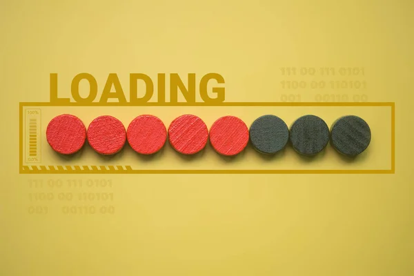 Loading bar with red wood circle block on yellow background. Creative idea concept. Loading concept