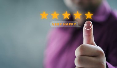 Hand with thumb up positive emotion smiley face icon and 5 star with copy space. Emotional smiley faces showing excellent satisfaction. rating very impressed. Customer service and satisfaction concept clipart