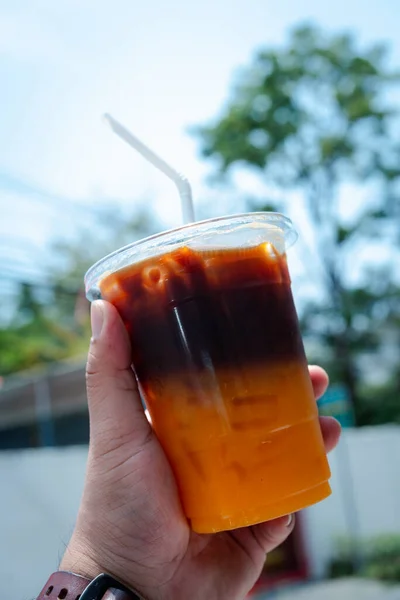 Shot Espresso Mix Fresh Orange Juice Refreshing Summer Drink — Stock Photo, Image
