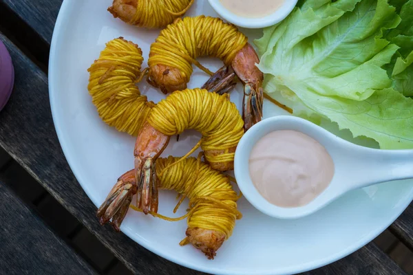 Deep Fried Wrapped Shrimps Noodle White Dish Thai Snack — Stock Photo, Image