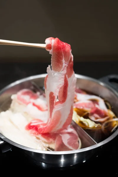 Hand Holding Bamboo Chopsticks Piece Belly Pork Sliced Delicious Sukiyaki — Stock Photo, Image