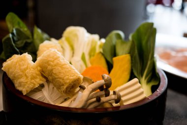 Sukiyaki ya da shabu shabu için taze sebze setini kapatın.