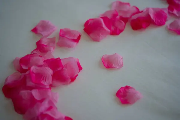 Artificial rose petals on the white bed. Close up