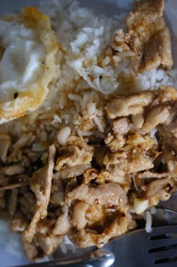 Pirinç ve sarımsaklı kızarmış domuz eti. Kapat.