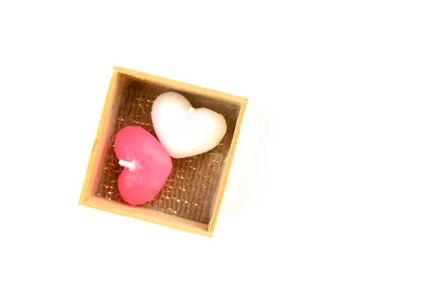 Valentines Day Decoration Concept Heart Shaped Candles Burning Box — Stock Photo, Image
