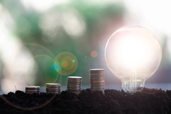 Coin of growing up and light bulb on the soil. Saving money and saving energy concept. concept of a growing business