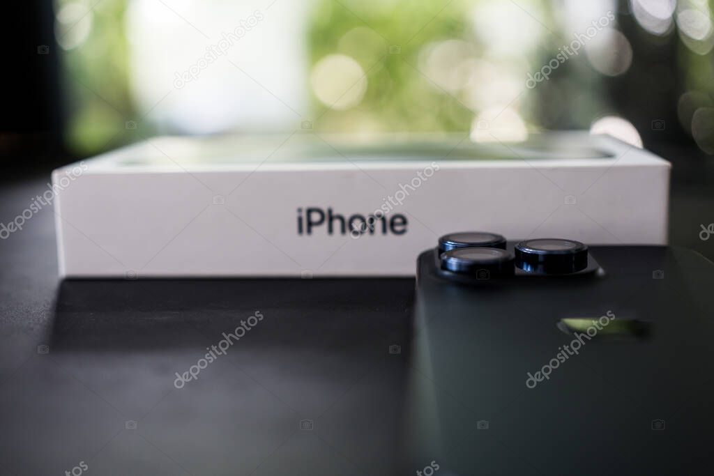 Bangkok, Thailand - October 15, 2023 : Apple launch new smartphone iPhone 15 Series, Blue titanium colour, 48 megapixel main camera and triple-lens camera setup with 5x optical zoom