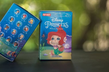 Bangkok, Tayland - 27 Ekim 2023: İki kutu POP MART Disney 100. yıl dönümü Prenses Çocukluk Serisi Oyunları Doğaya Karşı Kör Kutu