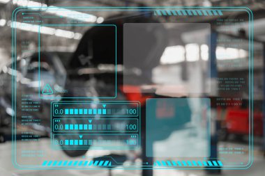 Araba servisi teknolojisi ve ağ konsepti, sanal ekranların boş çerçevesi. Araç hizmet sürecinin kalite garantisi ve servis onarım otomobil bölümünü kontrol et